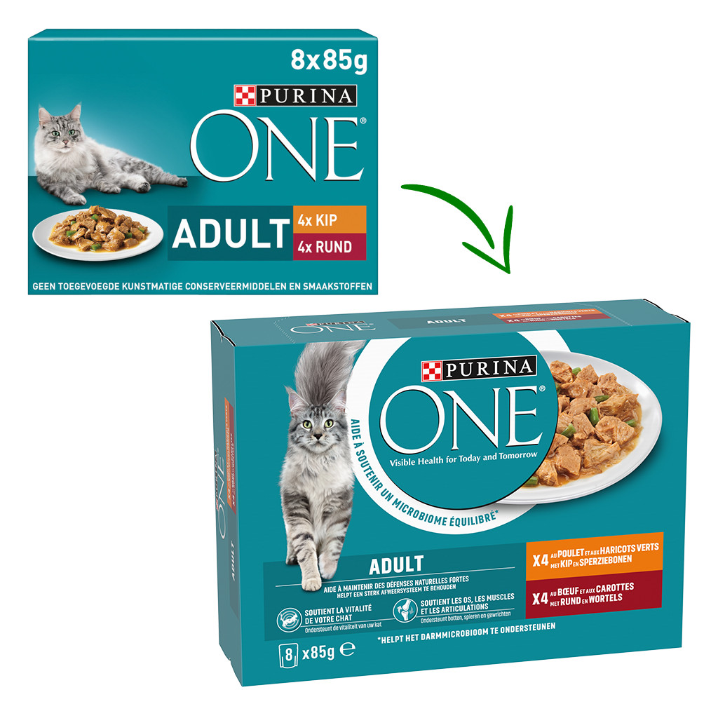 Purina One Adult reepjes in saus met kip en sperziebonen, rund en wortel natvoer kat (8x85g)