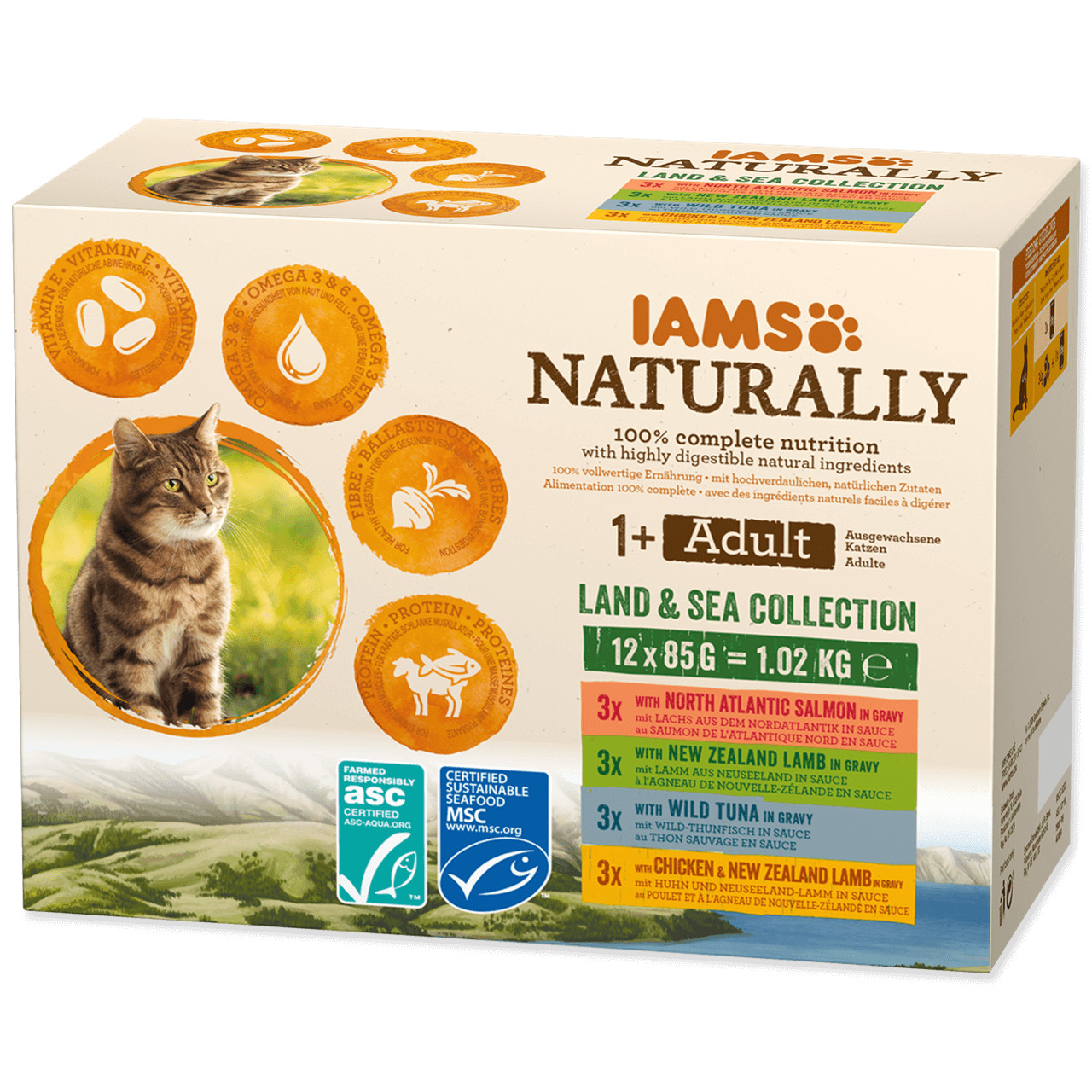 Iams Naturally Adult Land & Sea Collection pâtée à la viande & au poisson pour chat (12x85g)