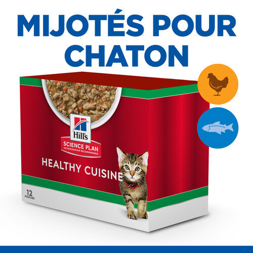 Hill's Healthy Cuisine Kitten mijoté au poulet et aux légumes, au poisson de mer et aux légumes multipack pour chaton