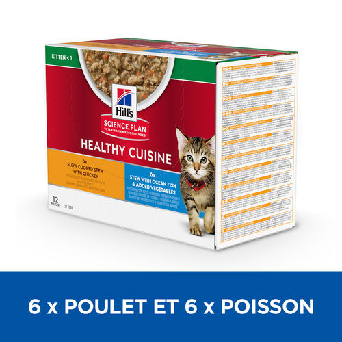 Hill's Healthy Cuisine Kitten mijoté au poulet et aux légumes, au poisson de mer et aux légumes multipack pour chaton