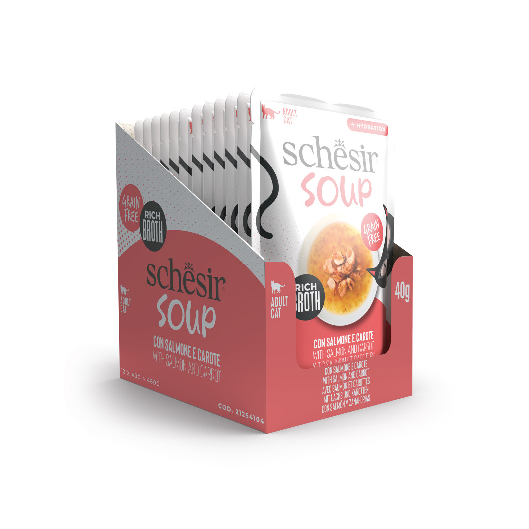 Schesir Cat Soup Wilde roze zalm en wortels