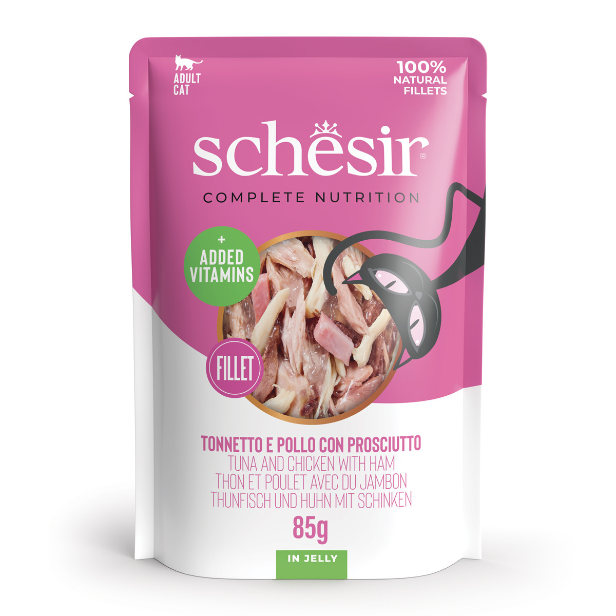 Schesir tonijn, kip met ham (jelly) natvoer kat (zakjes 85 g)
