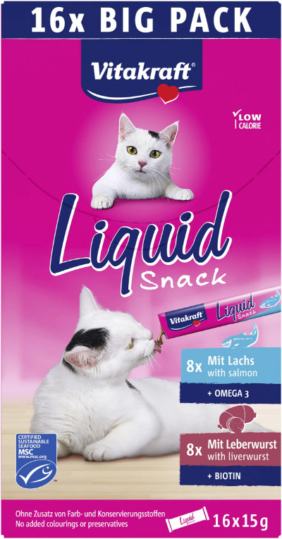 Vitakraft Liquid Snack met leverworst en zalm voor katten multipack (16 x 15 g)