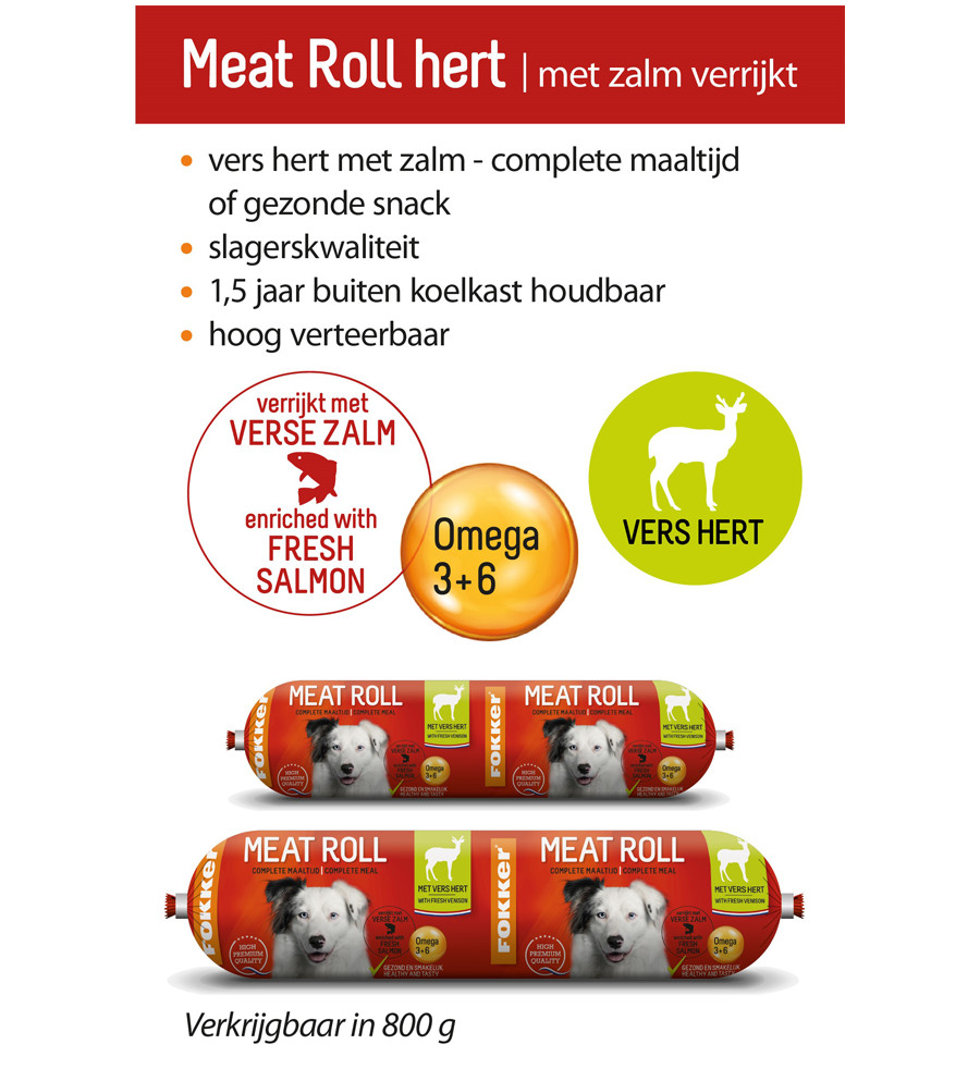 Fokker Meat Roll kip met hert en zalm hondenvoer