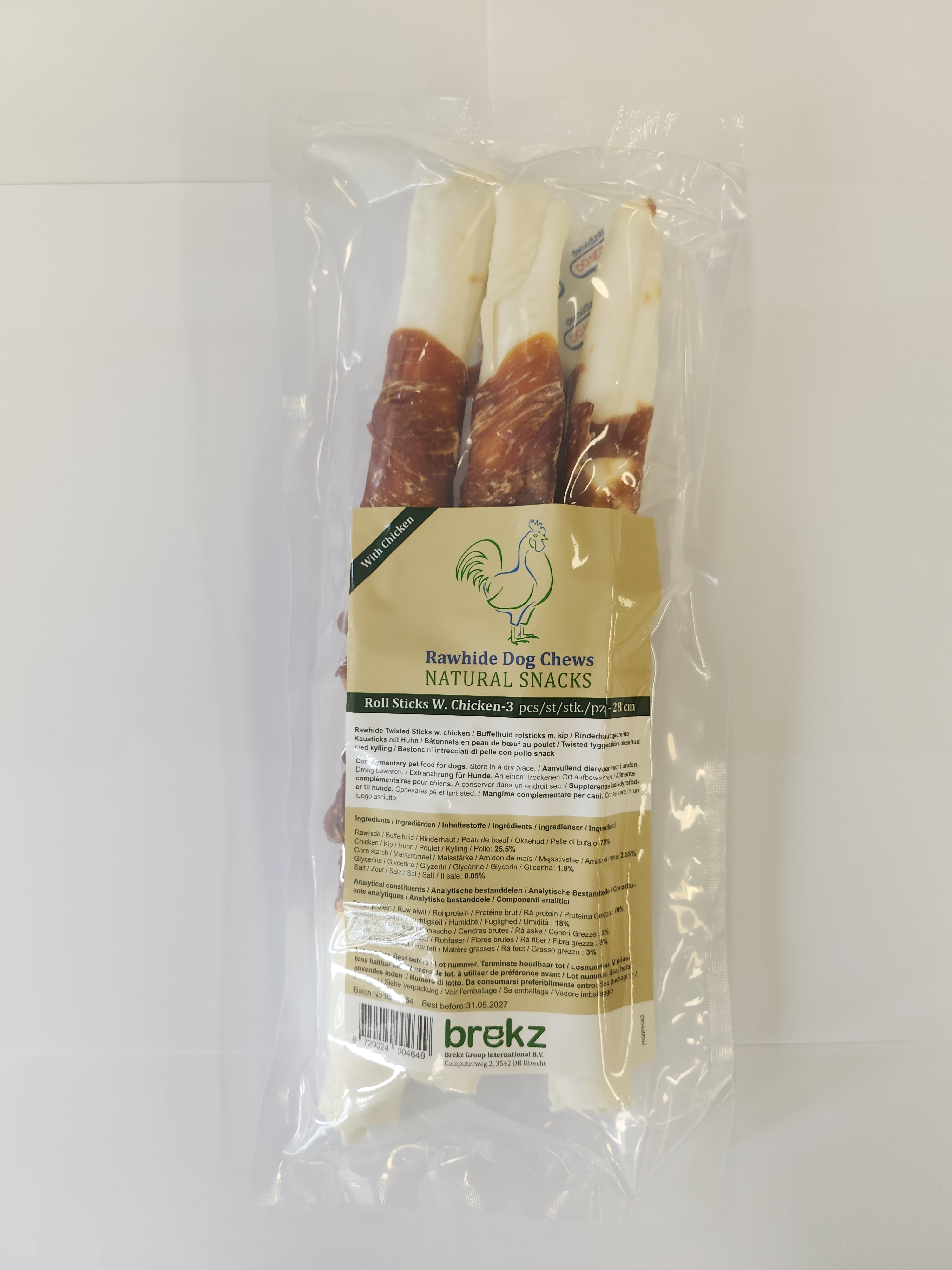 Brekz Rawhide Dog Chews - bâtonnets en peau de boeuf et poulet pour chien (28 cm)