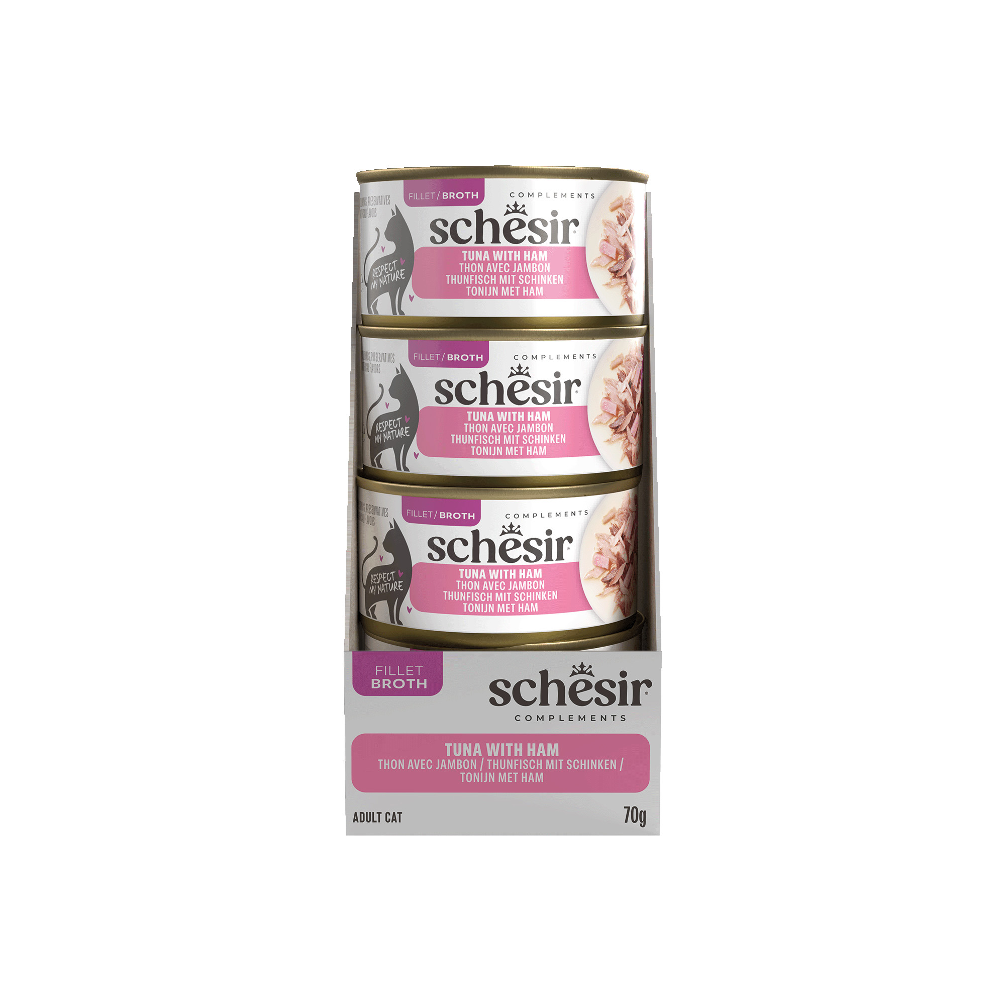 Schesir Complements tonijn met ham (in bouillon) natvoer kat (blikjes)