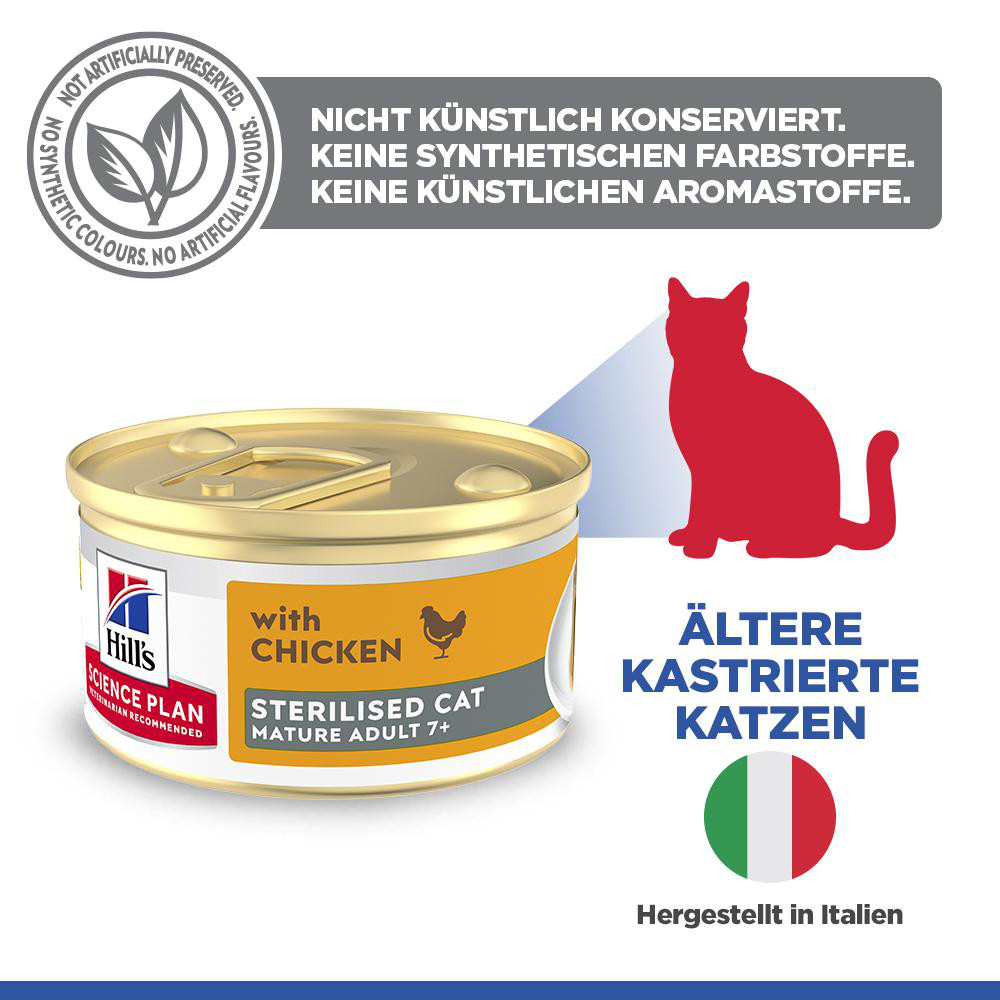Hill's Mature Adult Sterilised Cat mit Huhn Katzen-Nassfutter (Mousse, Dose)